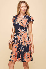 Load image into Gallery viewer, WOMEN FLORAL PRINT V NECK SUMMER DRESS WITH RUFFLE: ORANGE/NAVY