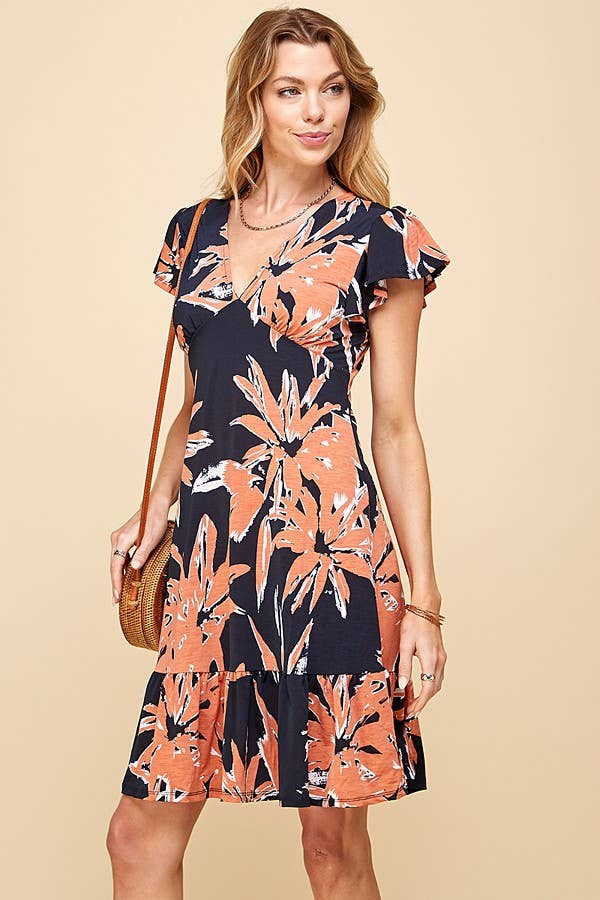 WOMEN FLORAL PRINT V NECK SUMMER DRESS WITH RUFFLE: ORANGE/NAVY