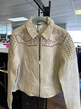 Load image into Gallery viewer, Myra Bag Beige Embroidered Studded LEATHER JACKET Size L