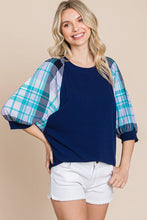 Load image into Gallery viewer, Plaid Bubble Sleeves Top: Navy Blue