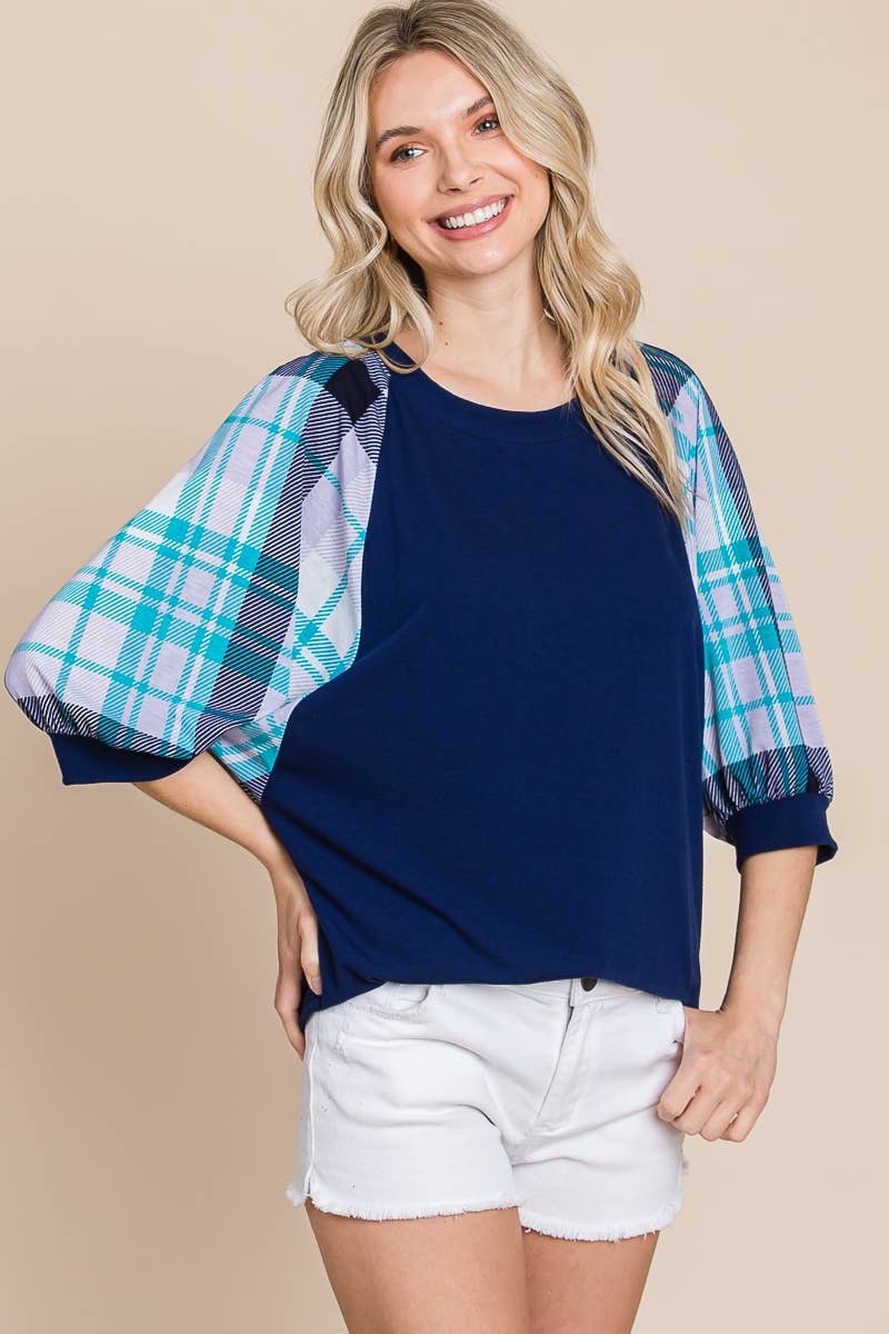 Plaid Bubble Sleeves Top: Navy Blue