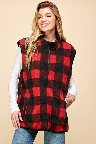 PLUS SIZE REVERSIBLE PLAID ZIP UP POCKET VEST: BLACK/RED
