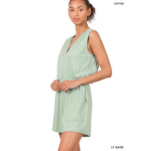 Load image into Gallery viewer, COTTON SLEEVELESS ROMPER POCKETS: LT GREEN / L