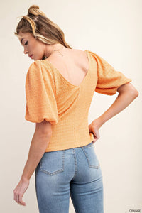 PUFF SLEEVES DEEP V-NECK KNIT TOP: ORANGE / L