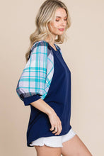 Load image into Gallery viewer, Plaid Bubble Sleeves Top: Navy Blue