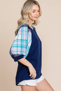 Plaid Bubble Sleeves Top: Navy Blue