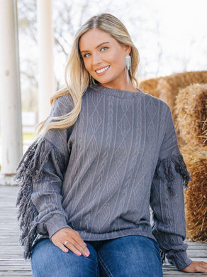 Smokey Mountains Fringe Sweater: Grey / 3X-Large