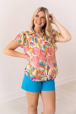 Tropical Print Top Flutter Sleeves: Multi / 2XL