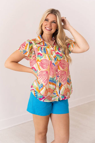Tropical Print Top Flutter Sleeves: Multi / 2XL
