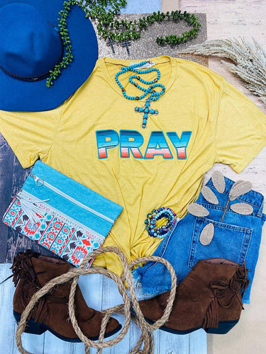 Stitched Serape Pray on Mustard Cuff Tee: Yellow / Small