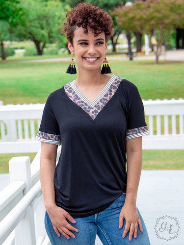 V Is for Vibes V-neck Tee, Black and Leopard: Leopard / 3XL