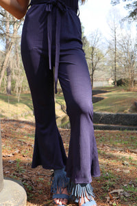 Jewel Flare Leg Ribbed Jumpsuit - L / Navy