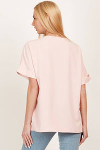 WOMEN SOLID COLLARED SHORT SLEEVE LOOSE BOXY TOP: PEACH