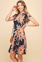 Load image into Gallery viewer, WOMEN FLORAL PRINT V NECK SUMMER DRESS WITH RUFFLE: ORANGE/NAVY