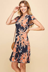 WOMEN FLORAL PRINT V NECK SUMMER DRESS WITH RUFFLE: ORANGE/NAVY