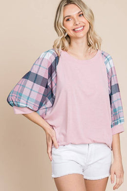 Plaid Bubble Sleeves Top: Pink