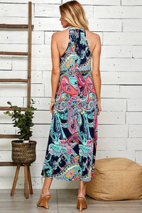 WOMEN PAISLEY SLEEVELESS MOCK NECK MAXI DRESS: NAVY COMBO