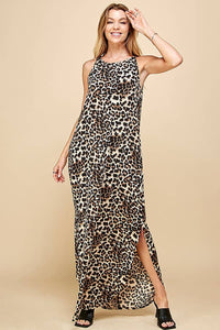 WOMEN LEOPARD SLEEVELESS MAXI SLIT DRESS: BROWN COMBO