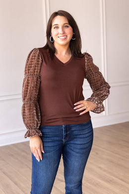 Brown Top With Burnout Velvet Sleeves: Brown / Large