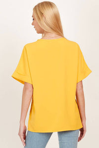 WOMEN SOLID COLLARED SHORT SLEEVE LOOSE BOXY TOP: Gold