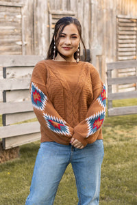 Terracotta Horizon Aztec Sleeve Sweater: Tan / X-Small