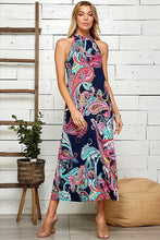 Load image into Gallery viewer, WOMEN PAISLEY SLEEVELESS MOCK NECK MAXI DRESS: NAVY COMBO