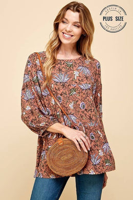 PLUS VINTAGE FLORAL PRINT LONG SLV TOP W ELASTIC: RUSt Tunic