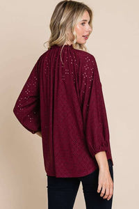 Shirred Raglan 3/4 Sleeve Top: RED WINE