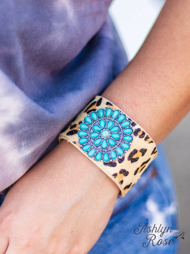 Can't Cuff Me Leopard Suede Cuff Button Bracelet With A Turquoise Circular Flower Stone: Leopard