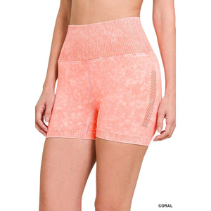 STONE WASHED SEAMLESS HIGH WAISTED SHORTS: B VIOLET / L/XL