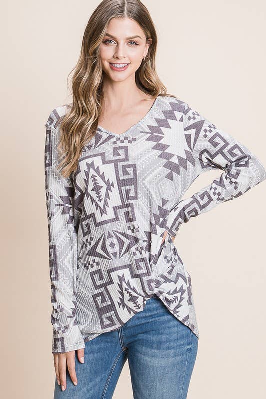 AZTEC PRINT SIDE TWIST WAFFLE TOP: Ivory/Grey