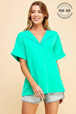 PLUS SOLID COLLARED SHORT SLEEVE LOOSE BOXY TOP: MINT