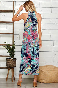 WOMEN PAISLEY SLEEVELESS MOCK NECK MAXI DRESS: NAVY COMBO