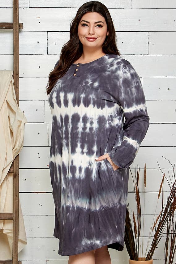 WOMEN PLUS SIZE PRETTY IN GARMENT DYE MIDI DRESS: CHARCOAL COMBO