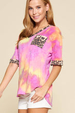 Load image into Gallery viewer, Tie Dye V Neck Animal Print Pocket Top: Fuchsia