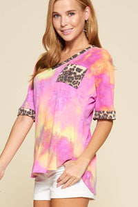 Tie Dye V Neck Animal Print Pocket Top: Fuchsia