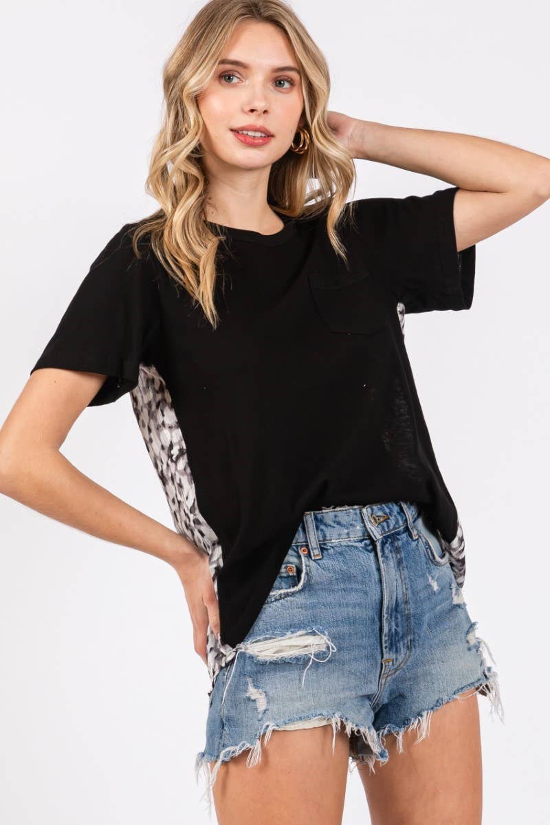 ZT1082 - WOMEN'S SOLID & ANIMAL PRINTED MEDIA TUNIC TOP : Black / M