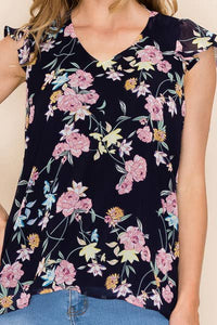 WOMEN FLORAL PRINT RUFFLE BLOUSE: IVORY CORAL COMBO OR IVORY NAVY COMBO