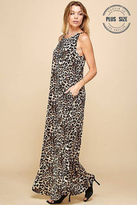 PLUS LEOPARD SLEEVELESS MAXI SLIT DRESS: BROWN COMBO