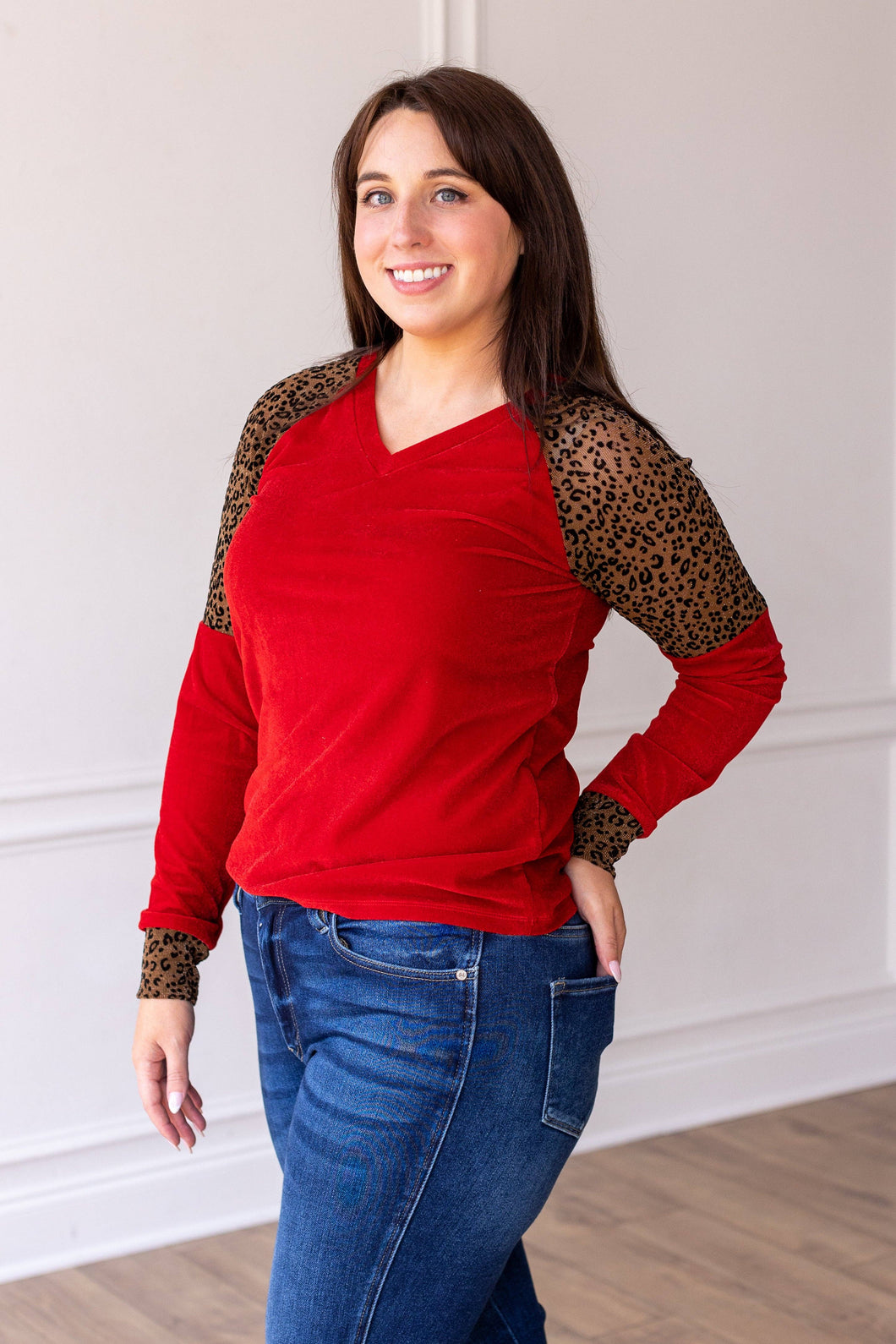 Red Velvet Top with Leopard Details: Red / X-Small