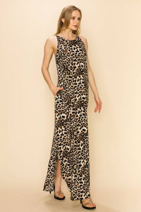 PLUS LEOPARD SLEEVELESS MAXI SLIT DRESS: BROWN COMBO