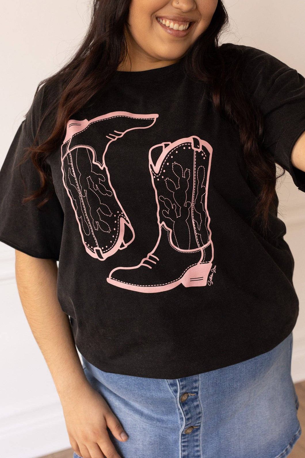 Pink Western Boots on Black Crewneck Tee: