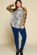 Load image into Gallery viewer, Plus Size Animal Print Casual Top with Plaid: Ivory/Mustard