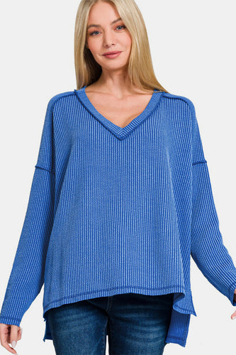 Texture Exposed Seam V-Neck Long Sleeve T-Shirt