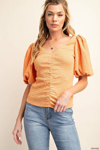 PUFF SLEEVES DEEP V-NECK KNIT TOP: ORANGE / S