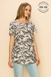 PLUS SIZE CAMOUFLAGE ROUND NECK T-SHIRT : BEIGE SILVER COMBO