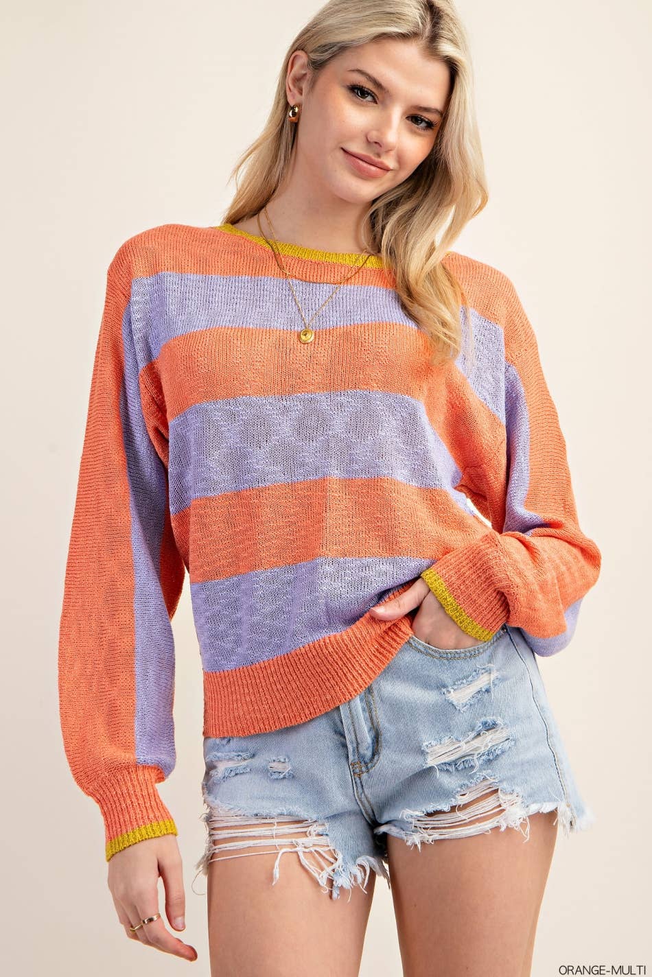 TEXTURE THREAD STRIPE LONG SLEEVE LOOSE FIT SWEATER: ORANGE-MULTI / S