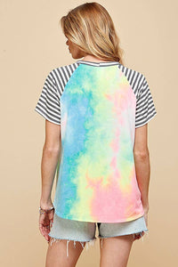 WOMEN TIE DYE COLOR BLOCK ROUND NECK T-SHIRT AQUA OR FUCHSIA