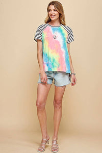 WOMEN TIE DYE COLOR BLOCK ROUND NECK T-SHIRT AQUA OR FUCHSIA
