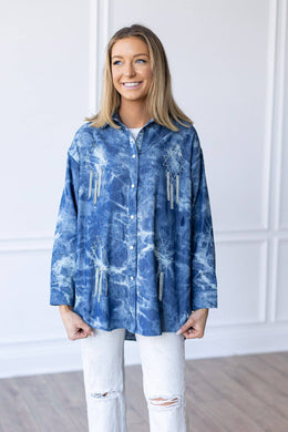 Sparkles and Spurs Denim Button Down with Rhinestone Fringe: Blue / 3X-Large